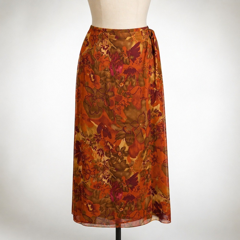 Vintage Y2K 100% Silk Floral Maxi Skirt Size 8 Orange Fairy Grunge Whimsigoth
